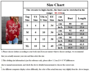 Size chart for women's Christmas knit sweater with detailed measurements for S to XL sizes