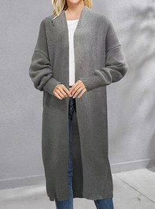 Women long grey knit cardigan with drop shoulder and ribbed cuffs for casual autumn style