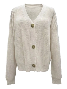 Macro shot of chunky knit texture and brown button detail on cream cardigan