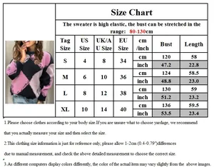 Guide des tailles du pull à blocs de couleurs avec mesures US/UK/EU et détails du buste