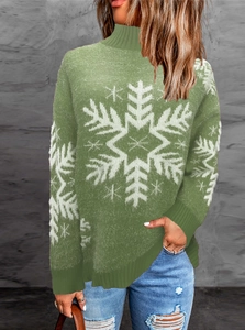 Women's green high neck knit sweater with white snowflake patterns for Christmas season