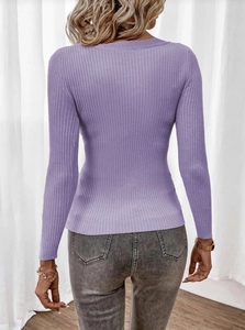 Detail view of purple ribbed knit sweater back showing vertical texture and slim fit design
