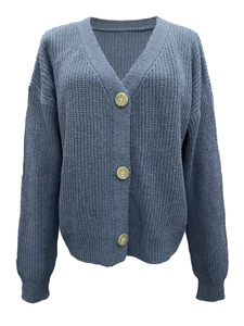 Detail view of hazy blue knit cardigan with V-neck and three oversized buttons