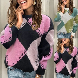 Femmes Pull Décontracté en Tricot à Losanges Blocs de Couleurs Manches Longues Col Rond Hiver Haut en Tricot Géométrique