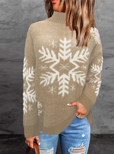 Loose fit khaki high neck knitted sweater with white snowflake patterns for Christmas