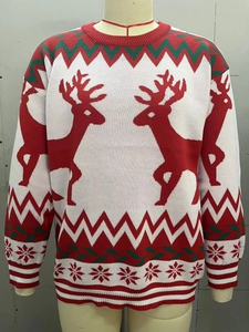 Detailed close-up of knit Christmas sweater with red reindeer and snowflake patterns