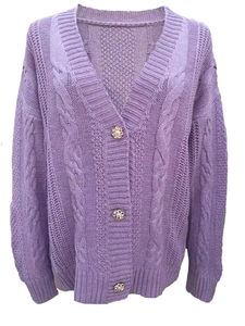 Detail of purple cable knit cardigan featuring elegant pearl buttons and V-neck design