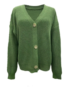Detail view of grass green knit cardigan with large round buttons and ribbed cuffs