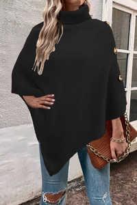 Women high turtleneck knitted poncho cape with large wooden side buttons in black finish