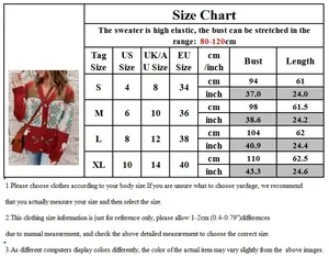 Tableau des tailles pour cardigan de Noël avec mesures US/UK/EU et détails d'élasticité