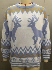 Detail of blue reindeer knit pattern and snowflake motifs on Christmas sweater