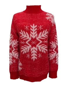 Macro detail of high neck red sweater featuring fuzzy knit texture and white snowflake patterns