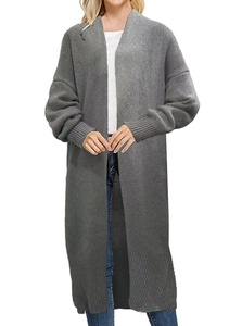 Women's long chunky knit open front cardigan in charcoal grey for autumn and winter outfits