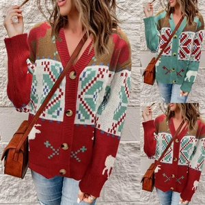 Gilet en Tricot de Noël pour Femmes Pull Vintage Motif Renne Flocon de Neige Col en V Simple Boutonnage Bouton Hiver