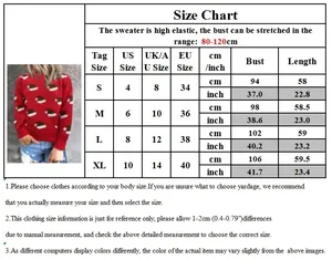 Detailed size chart for Christmas sweater showing S-XL measurements and high elasticity