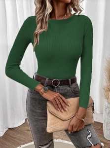 Detail of slim fit dark green ribbed knit sweater featuring a round neck and soft texture