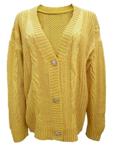 Detail of yellow cable-knit cardigan featuring elegant pearl floral buttons and a V-neckline