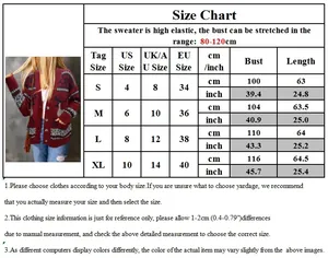 Detailed size chart for women's Christmas knit cardigan with measurements in cm and inch