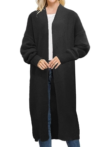 Women's long black chunky knit cardigan with ribbed cuffs and an open front design