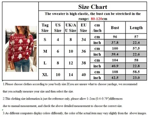Detailed size chart for Christmas knit sweater with bust and length measurements in cm