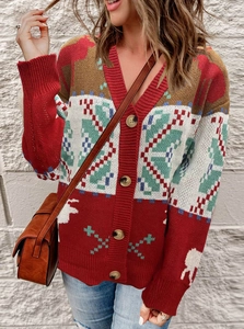 Gilet de Noël pour femmes avec col en V, motifs cerfs et flocons, style tricot décontracté