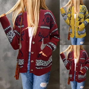 Detail view of festive knit cardigan with reindeer patterns and round button closure