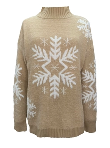 Detailed view of camel turtleneck knit sweater with classic white snowflake patterns