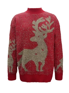 Red Christmas knit sweater featuring a large golden reindeer pattern and ribbed cuffs