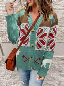 Gilet de Noël en maille pour femme avec motifs de renne et flocons et col en V
