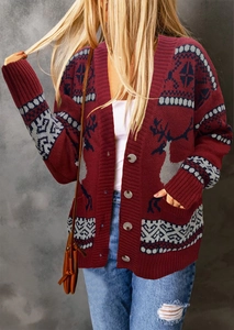 Women's wine red Christmas knit cardigan featuring reindeer patterns and wooden buttons