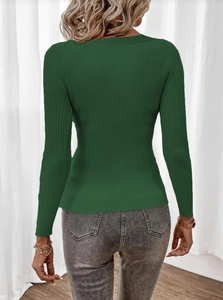 Detail showing back view of slim fit dark green ribbed knit sweater for women