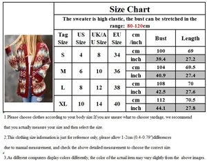 Detailed size chart for Christmas knit cardigan with measurements in US/UK/EU sizing