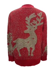 Women's festive red knit Christmas sweater featuring a large golden reindeer design