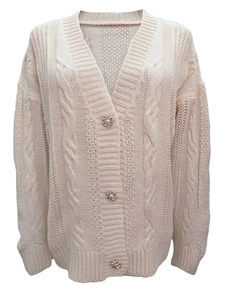 Close-up of cream knit cardigan featuring chunky cable texture and flower metal buttons