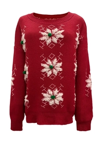 Red Christmas knit sweater with white snowflake patterns and green pom-pom details