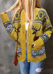 Women's yellow knit cardigan with reindeer jacquard and buttons for autumn and winter
