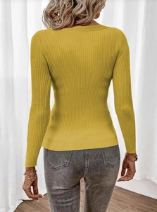 Rear view of yellow slim fit long sleeve knit sweater with ribbed texture detail