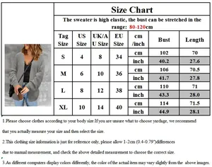 Detailed size chart for women's knit cardigan sweater with US, UK, and EU size guide