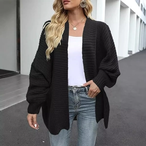 Women's black chunky knit open front cardigan sweater in a relaxed longline fit