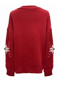 Women's Christmas red knit sweater with snowflake embroidery and green pompoms