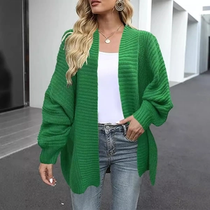 Grass green chunky knit cardigan in loose fit with stylish drop shoulders for women