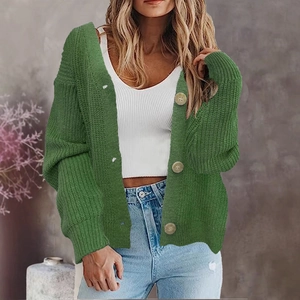 Women's chunky grass green knit cardigan with V-neck and decorative buttons