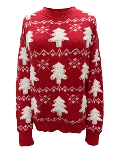 Red Christmas knit sweater with white tree and snowflake patterns and ribbed cuffs