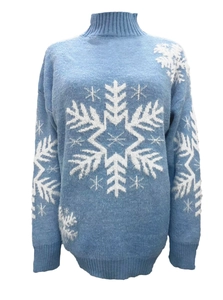 Close-up of white snowflake pattern and ribbed cuffs on light blue knit Christmas sweater