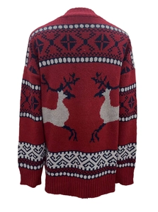 Back view of a Christmas cardigan with reindeer patterns and ribbed knit texture