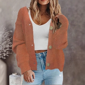 Women's chunky knit button cardigan in caramel brown with relaxed drop shoulder fit