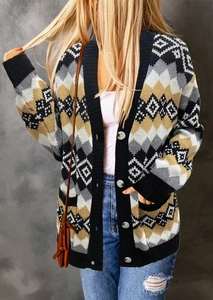 Women long sleeve geometric diamond knit cardigan with button closure and black ribbed edges