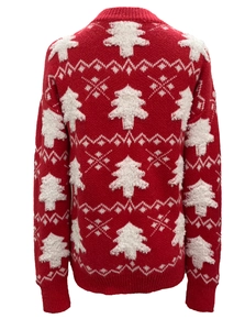 Red Christmas sweater with 3D brushed knit trees and geometric snowflake patterns