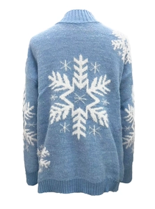 Detailed close-up of a blue knit sweater with white snowflake jacquard pattern and texture