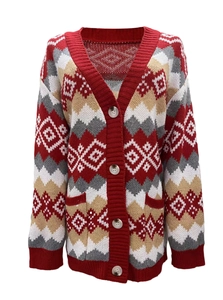 Vintage red argyle knit cardigan with V-neck, buttons, and pockets for women